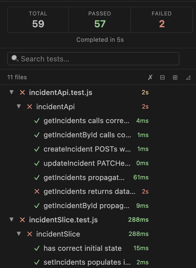 Live Test Runner sidebar with a tree of test files, suites and tests and their pass/fail status