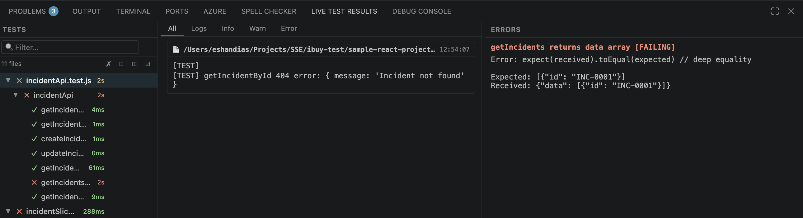 Results panel with a test list, console output and error details in three columns